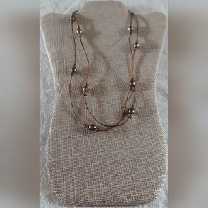 Handmade Metallic Brown Leather And Peacock Pearl Necklace